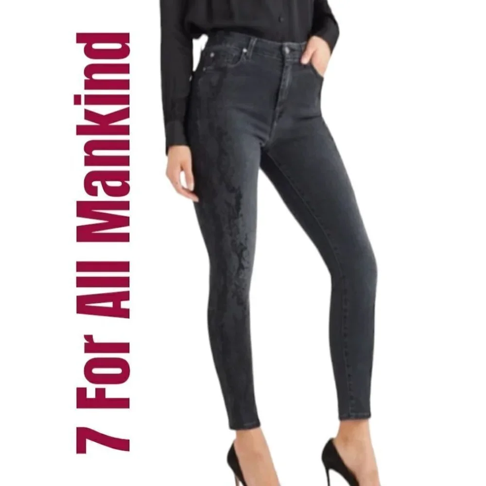 NWT 7 FOR ALL MANKIND Aubrey Vintage Luxe Black Snakeprint Skinny Jeans, Size 29